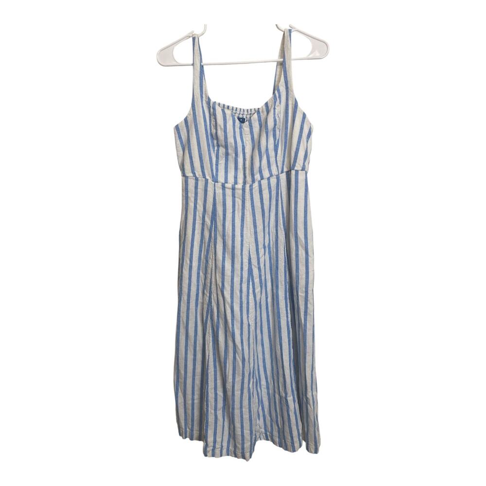 Old Navy Women Stripe White Blue Linen Coastal Midi Dress Smocked Back Size M
